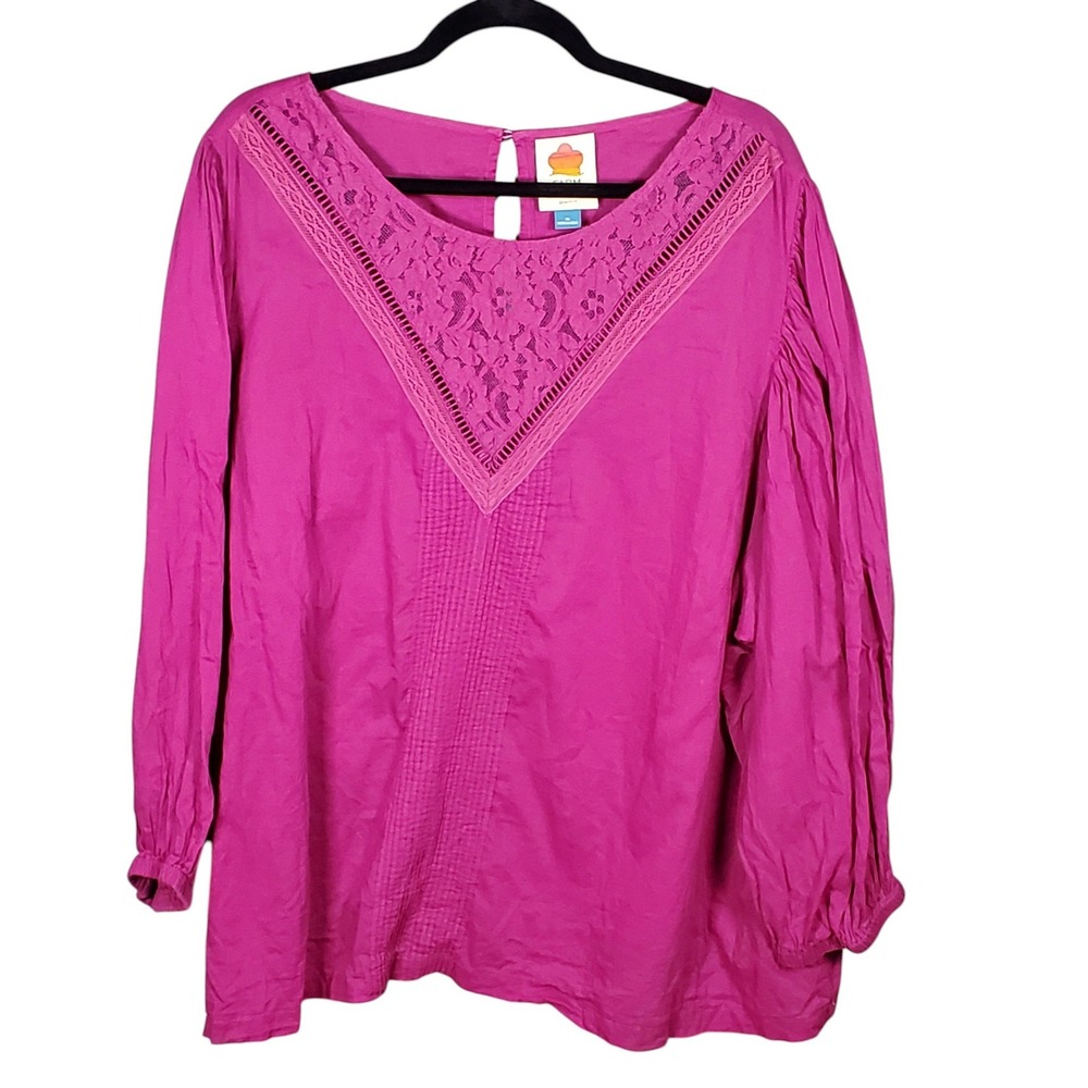 FARM Rio Anthropologie Kelsie Blouse 3X Fuchsia Lace Puff Sleeve Cotton